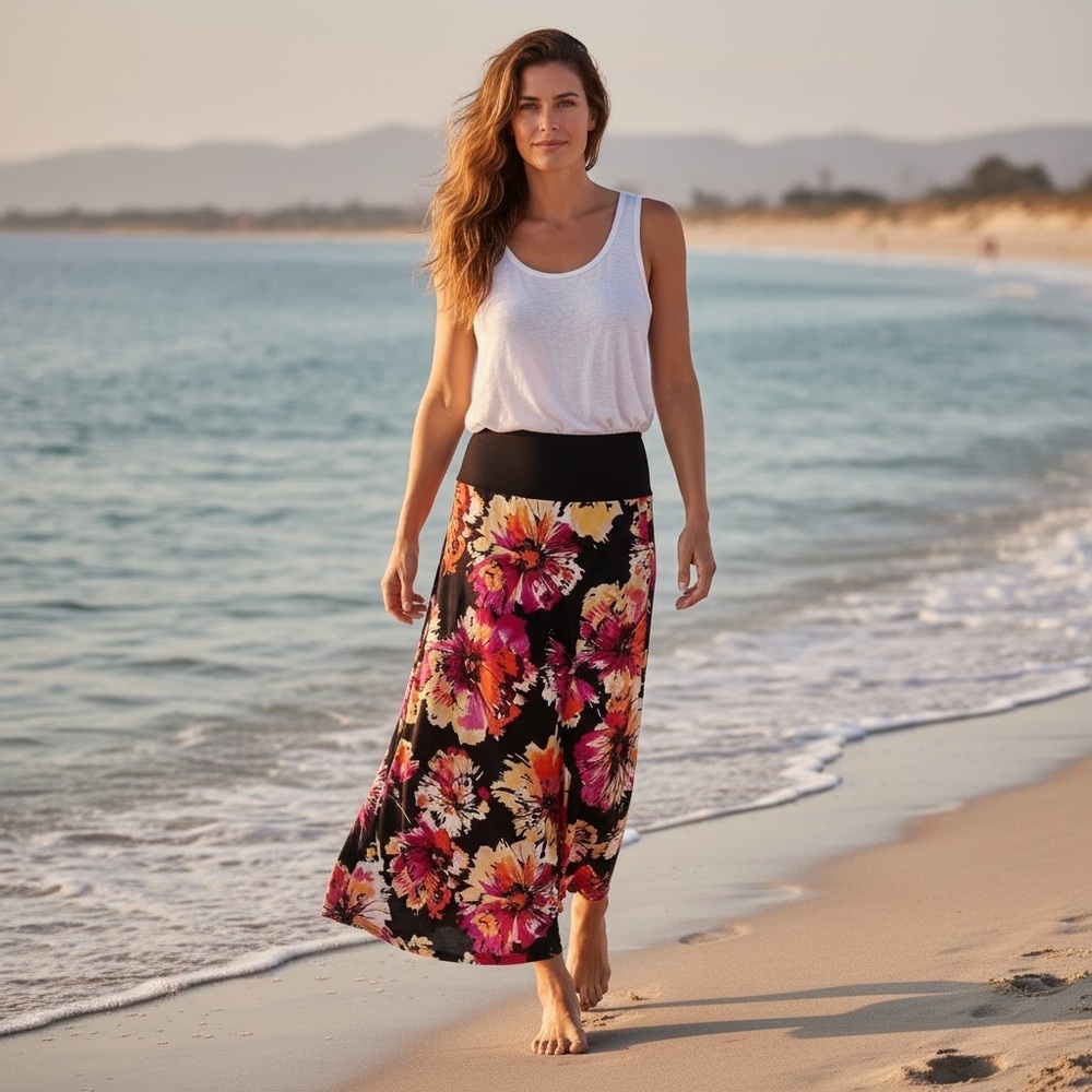 JBS Y2K Vtg Floral Stretch Maxi Skirt Womens M Beachy Coastal Festival Romantic
